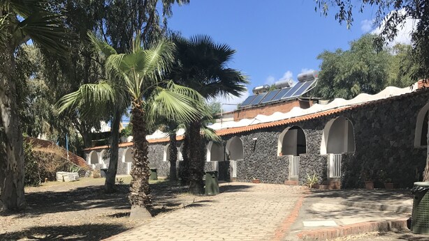 Ein Innenhof mit Steinwegen, Palmen und einem Gebäude mit einem Ziegeldach und Steinmauern.