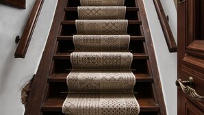 Un escalier en bois, avec une moquette à motifs et une main courante en bois.