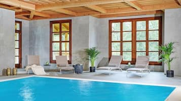 Indoor pool, outdoor pool, pool loungers