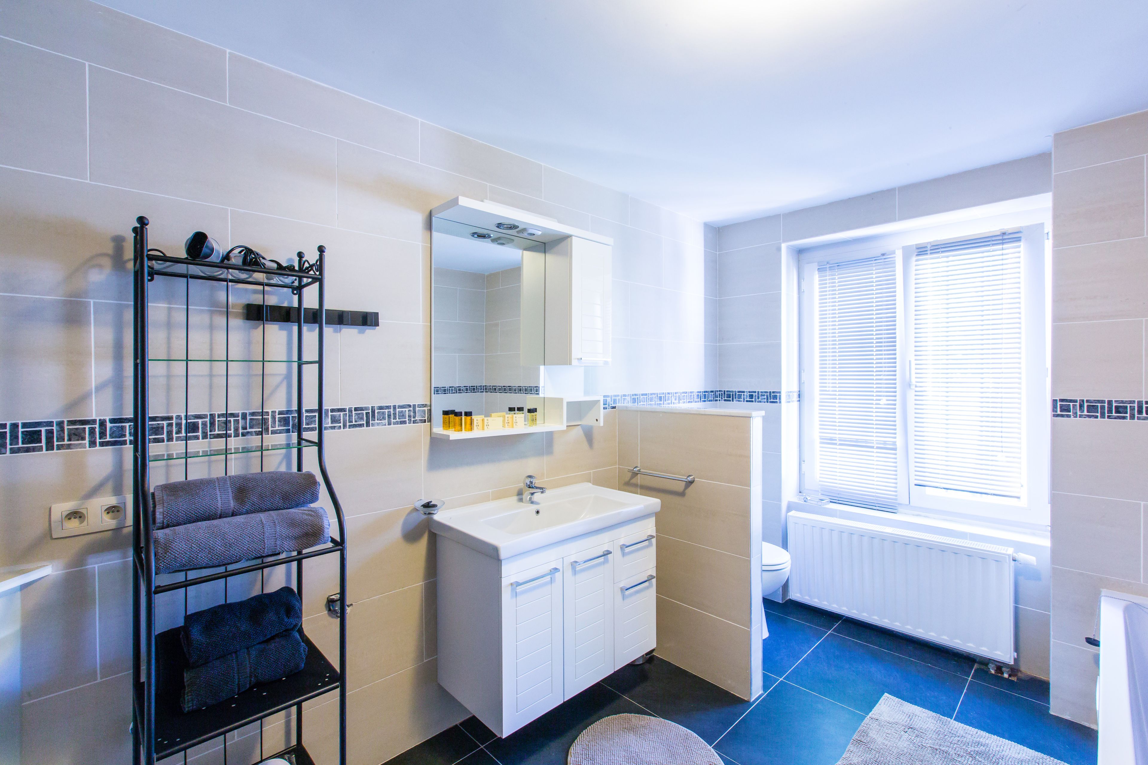 free toiletries, hair dryer, slippers, towels