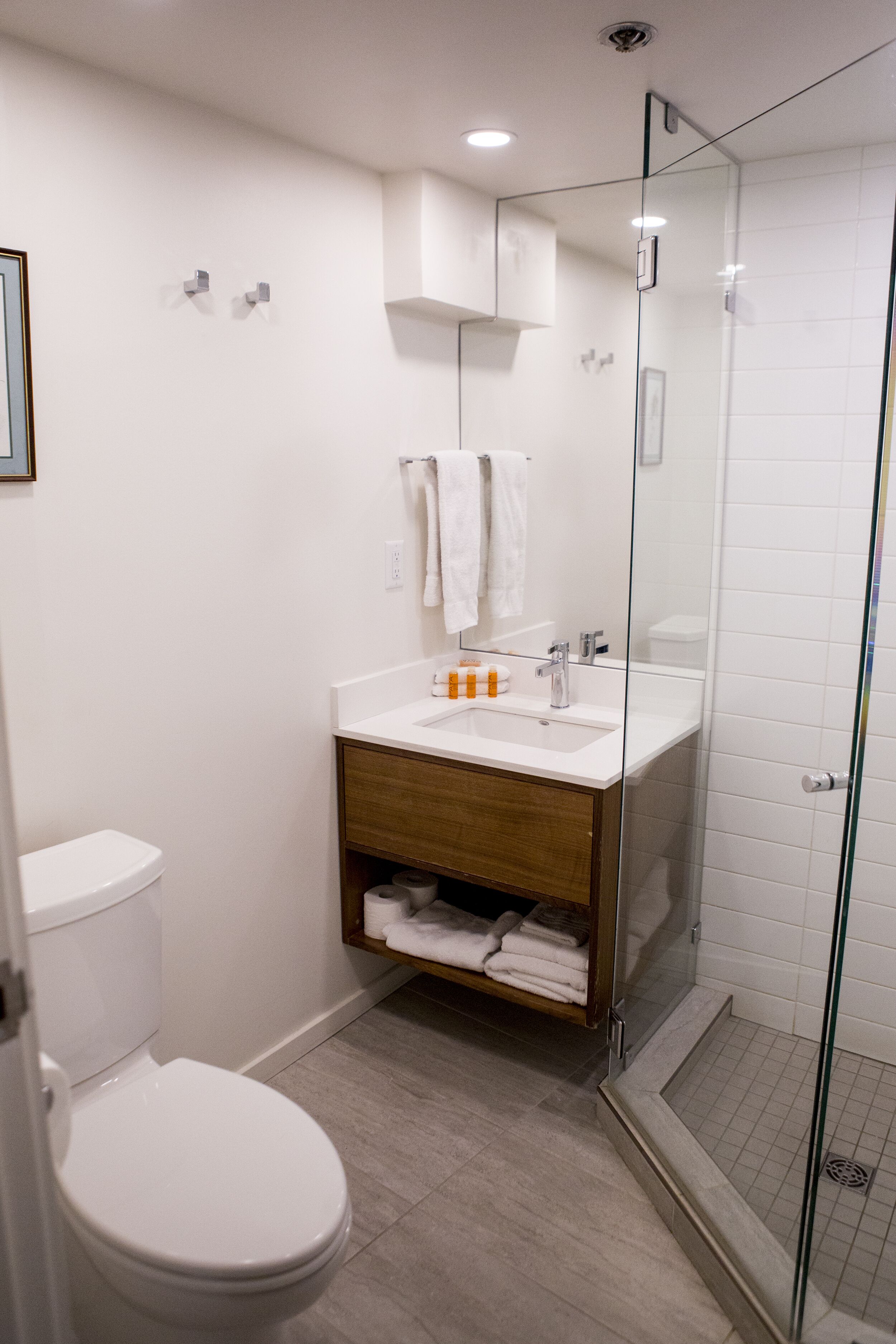 A modern bathroom with a toilet, a glass-enclosed shower, and a vanity with a mirror.