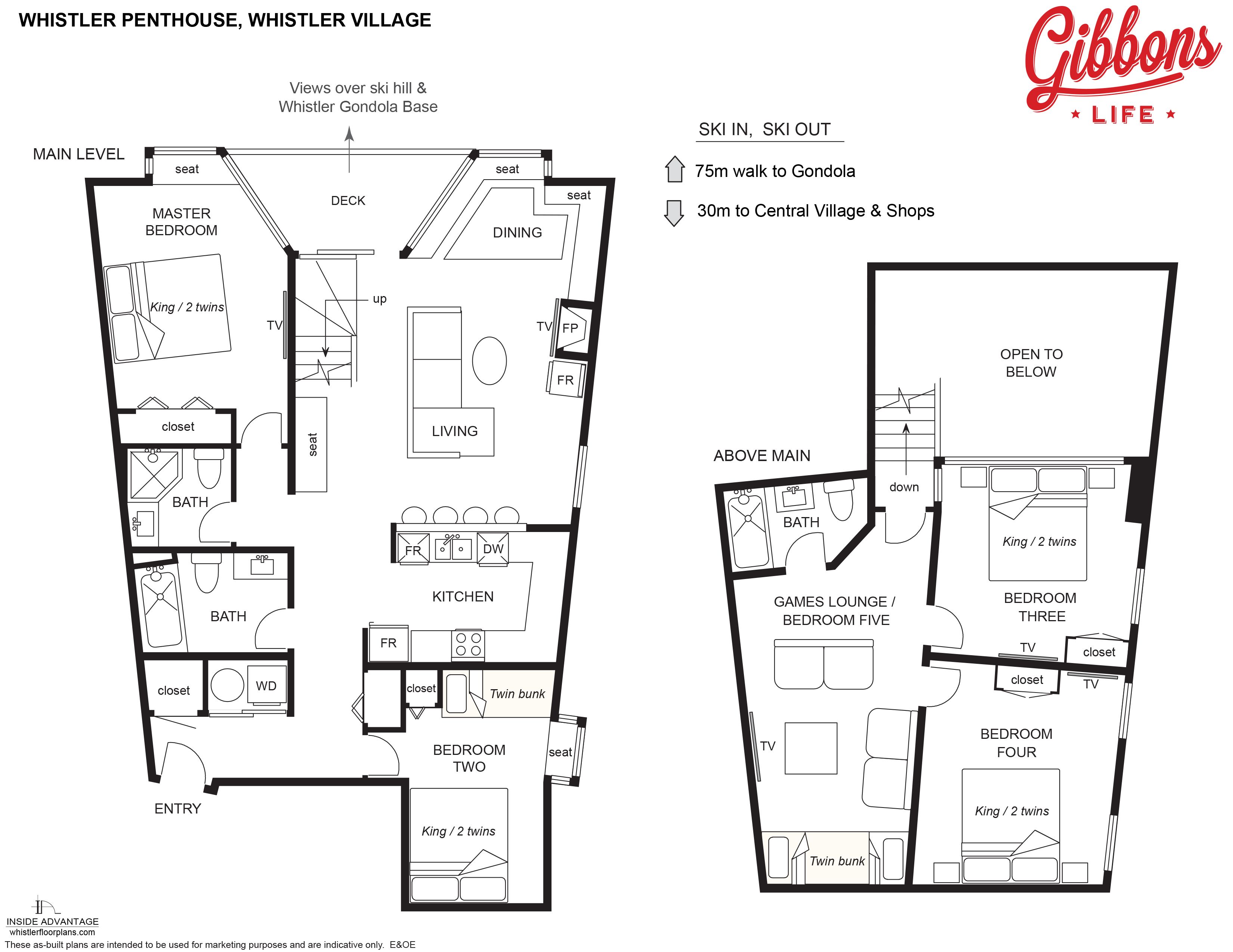 Plan d’étage du penthouse Whistler, situé dans le village de Whistler, comprenant un niveau principal avec une chambre principale, un coin repas, un salon, une cuisine et un hall d’entrée.
