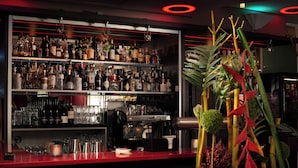 Zona de bar con estantes llenos de botellas de licores, una máquina de café y un arreglo de plantas decorativas.