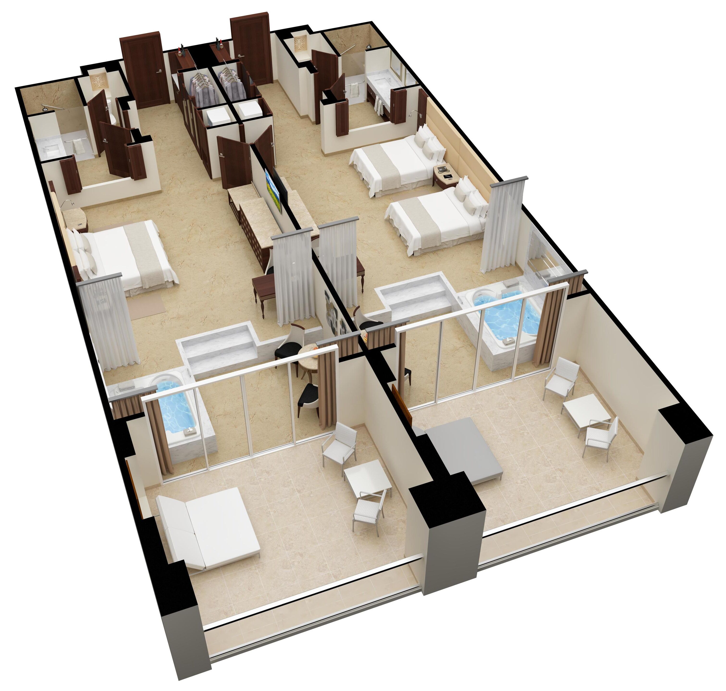 Distribución de un hotel con varias habitaciones, piscina y comedor.