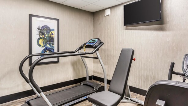 A treadmill, a wall-mounted TV, and a framed abstract painting in a room with a tiled ceiling and wooden walls. - Quality Inn Pleasant View (Pleasant View)
