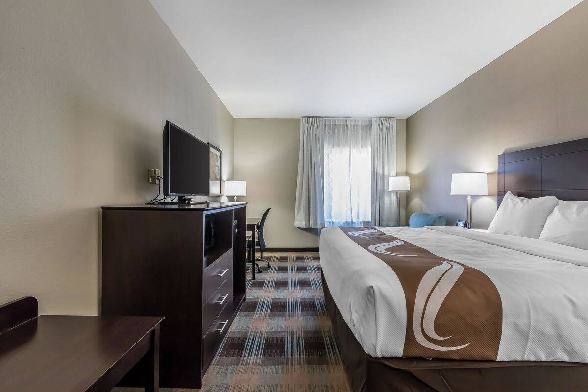 Ein Hotelzimmer mit Bett, Schreibtisch mit Fernseher, Stuhl und einem fensterbepflanzten Fenster.