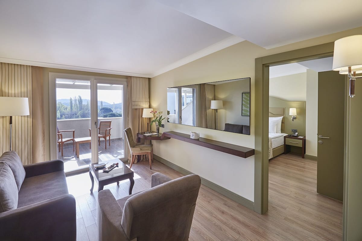 A hotel room with a balcony, a sofa, a desk, a chair, a bed, and a mirror.