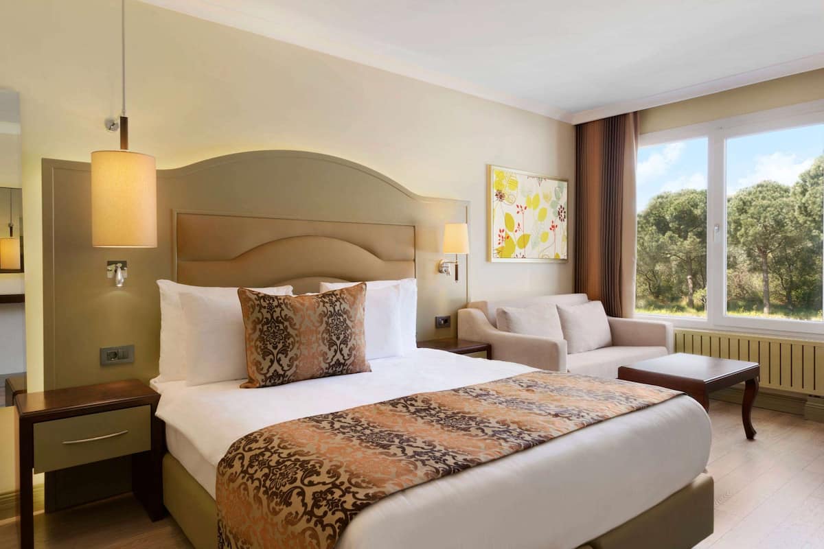 A hotel room with a large bed, a sofa, a small table, and a window with a view of trees.