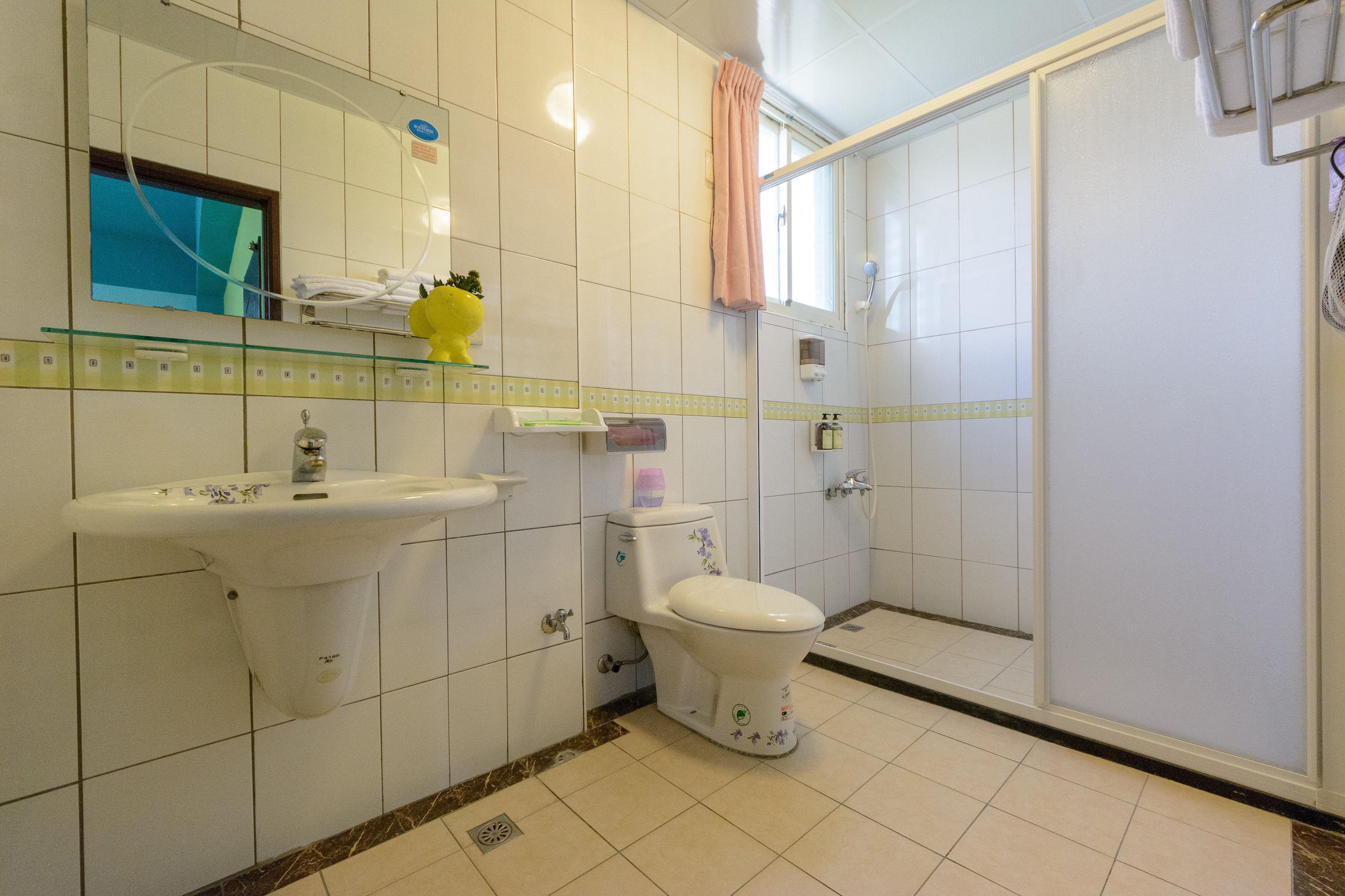 Een badkamer met toilet, wastafel en douche.