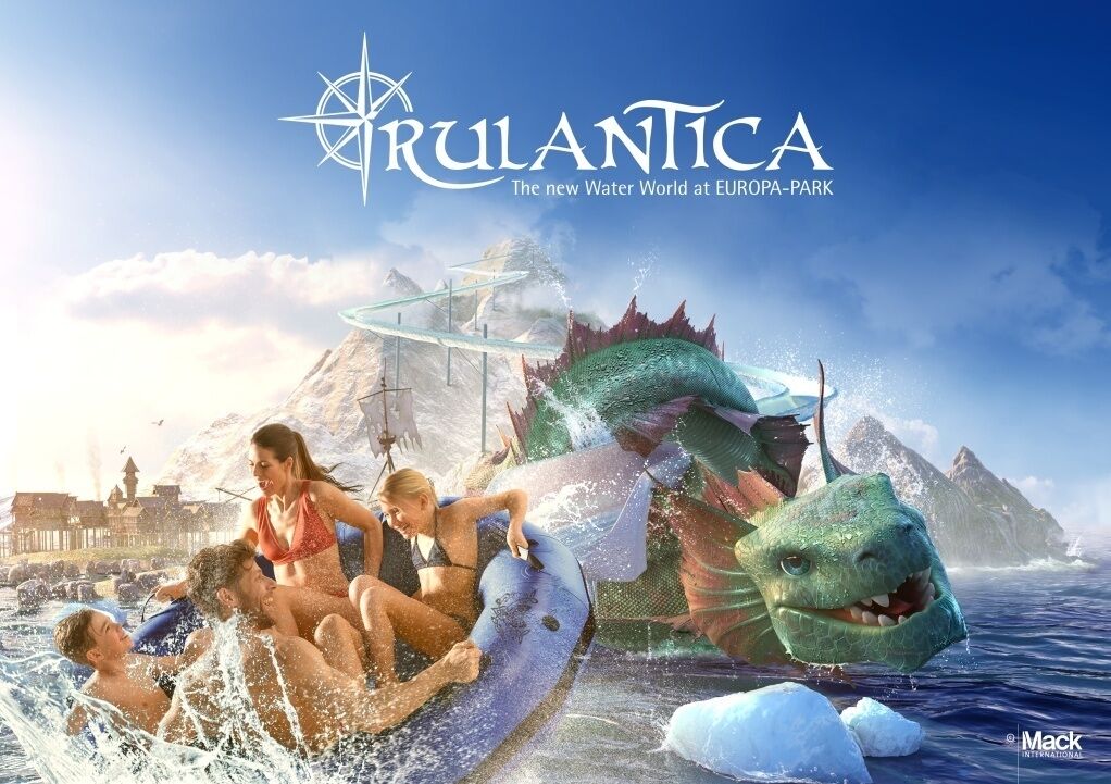 A promotional poster for Rulantica with a water theme, featuring a dragon and people on a raft.