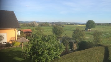 A rural landscape with a house, a thatched-roof structure, and a field.
