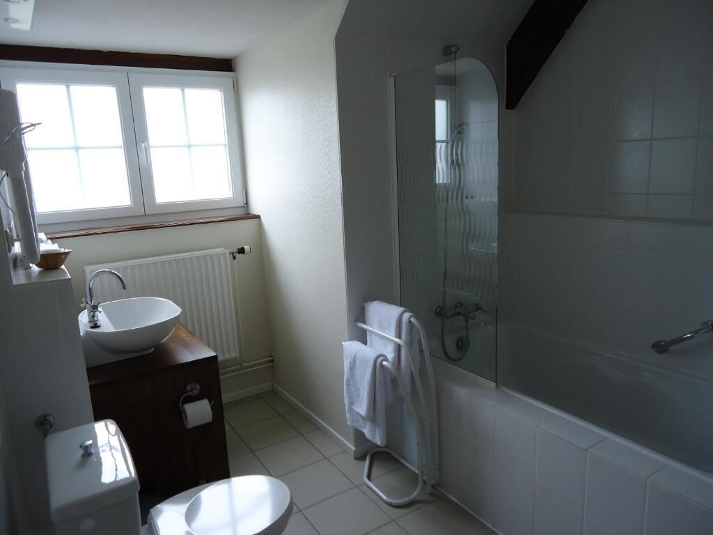 Un baño con inodoro, lavamanos y ducha.