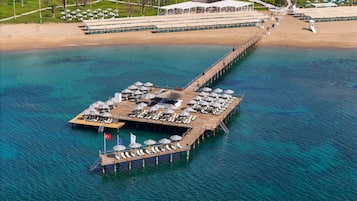 Un resort sobre el agua con un muelle, sillones de sol, sombrillas y una bandera.