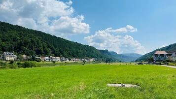 A rural landscape with houses, a field, and a hill.
