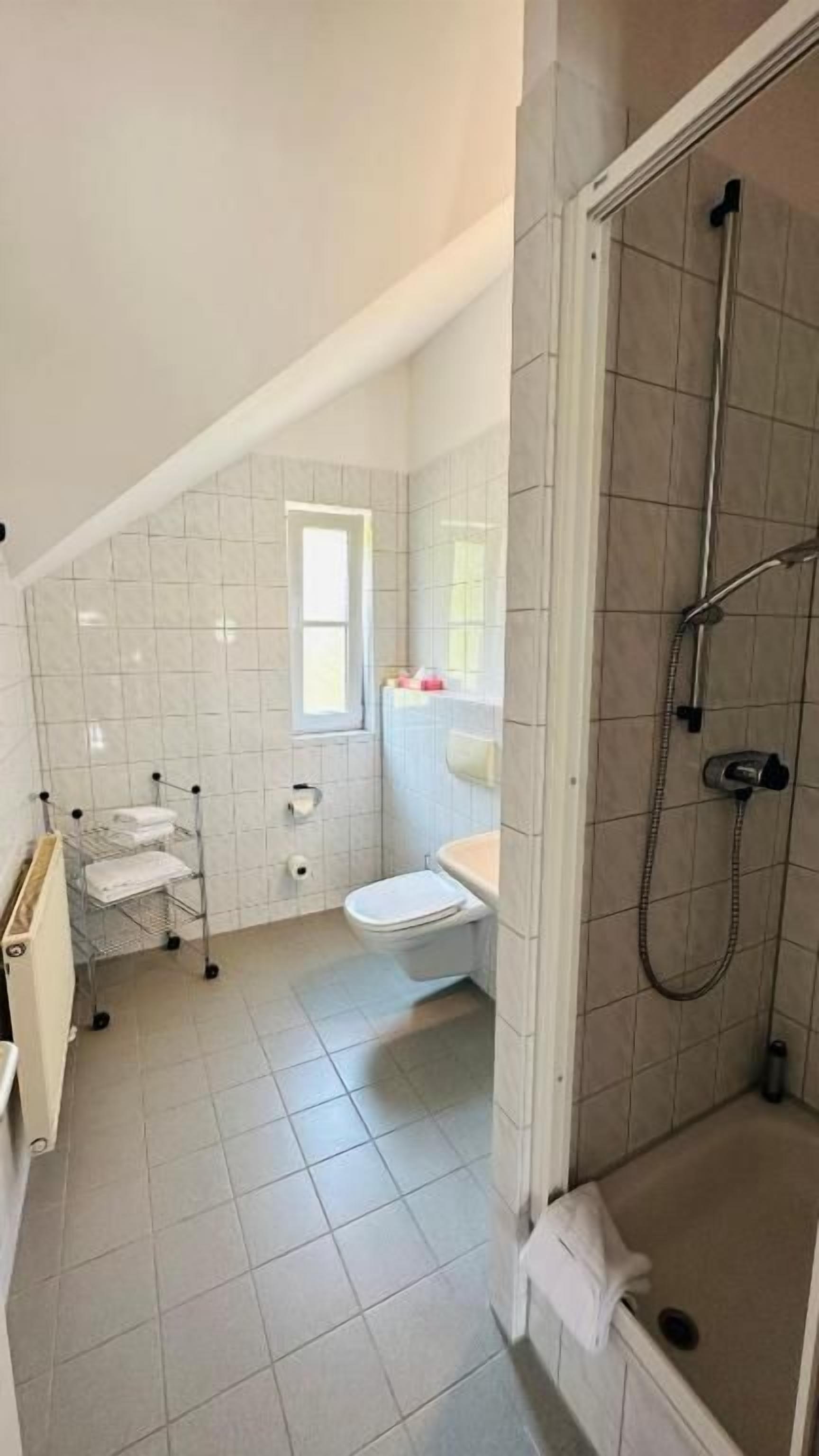 A bathroom with a shower, toilet, and sink.