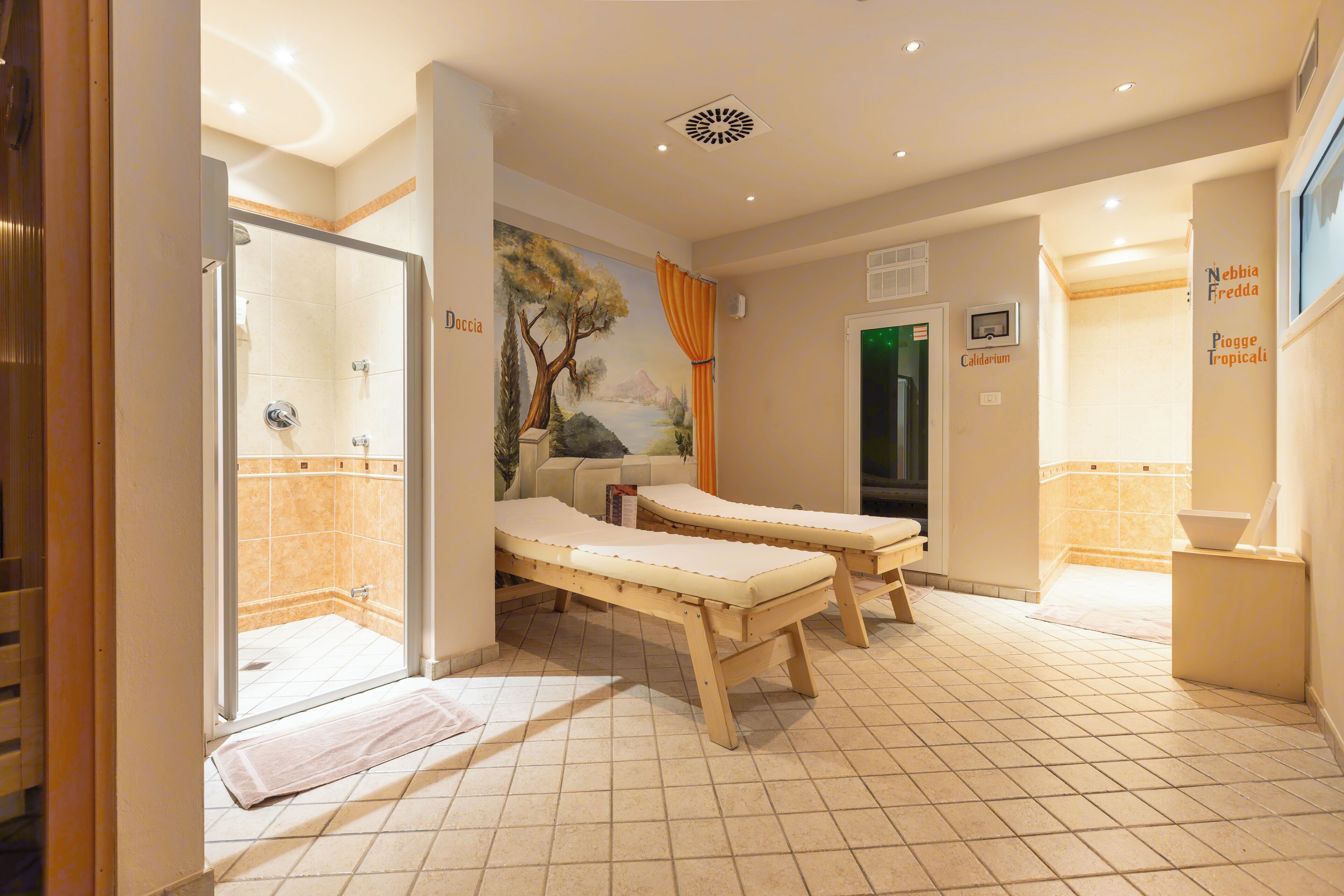 A spa room with two massage tables, a shower area, and a mural on the wall.