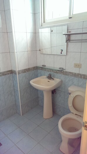 Casa de banho com lavatório, sanita e espelho sobre o lavatório.