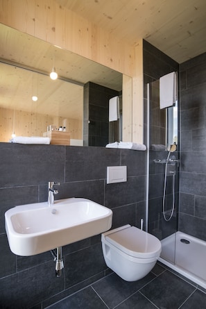 Shower, free toiletries, hair dryer, towels