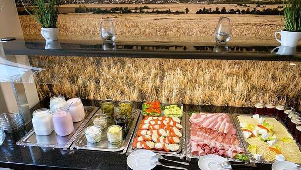 Een buffet met diverse etenswaren en drankjes, waaronder salades, vleesgerechten en dranken, gepresenteerd op een toonbank voor een achtergrond van een veld en een gebouw.