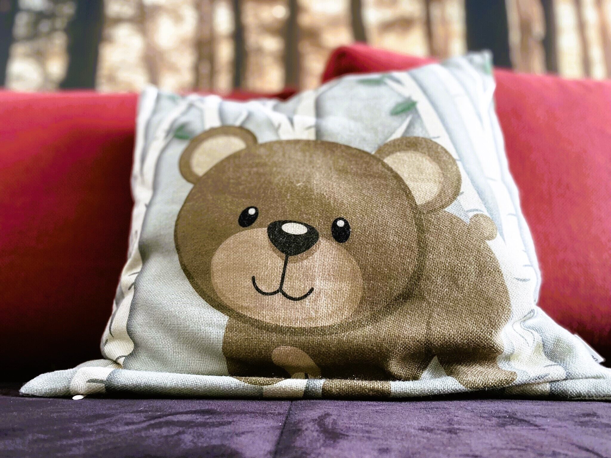 Ein Kissen mit Bärchendruck auf einer roten Couch.