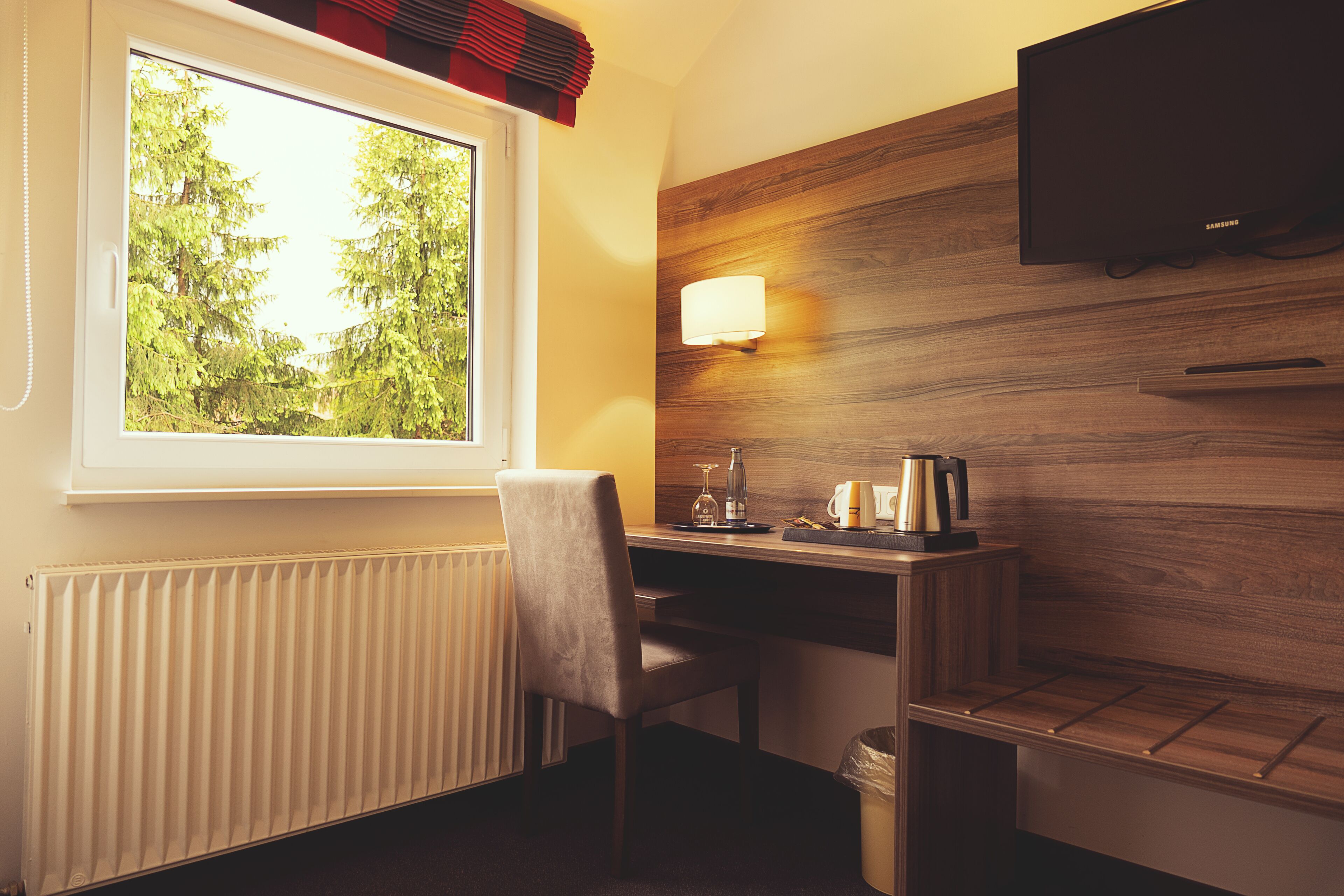 Habitación de hotel con escritorio de madera, una silla, televisor montado en la pared, ventana con vista a árboles y un radiador.
