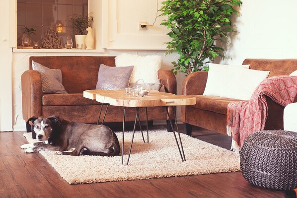 A cozy living room with a brown sofa, a round wooden coffee table, and a dog lying on a beige rug. - Mein Bergblick (Goslar)