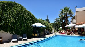 Una piscina con sillas de descanso y sombrillas, rodeada de follaje y palmeras.