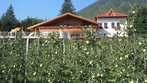 A hotel with a traditional Alpine architectural style, surrounded by a lush apple orchard. - Pension Weihergut (Cermes)