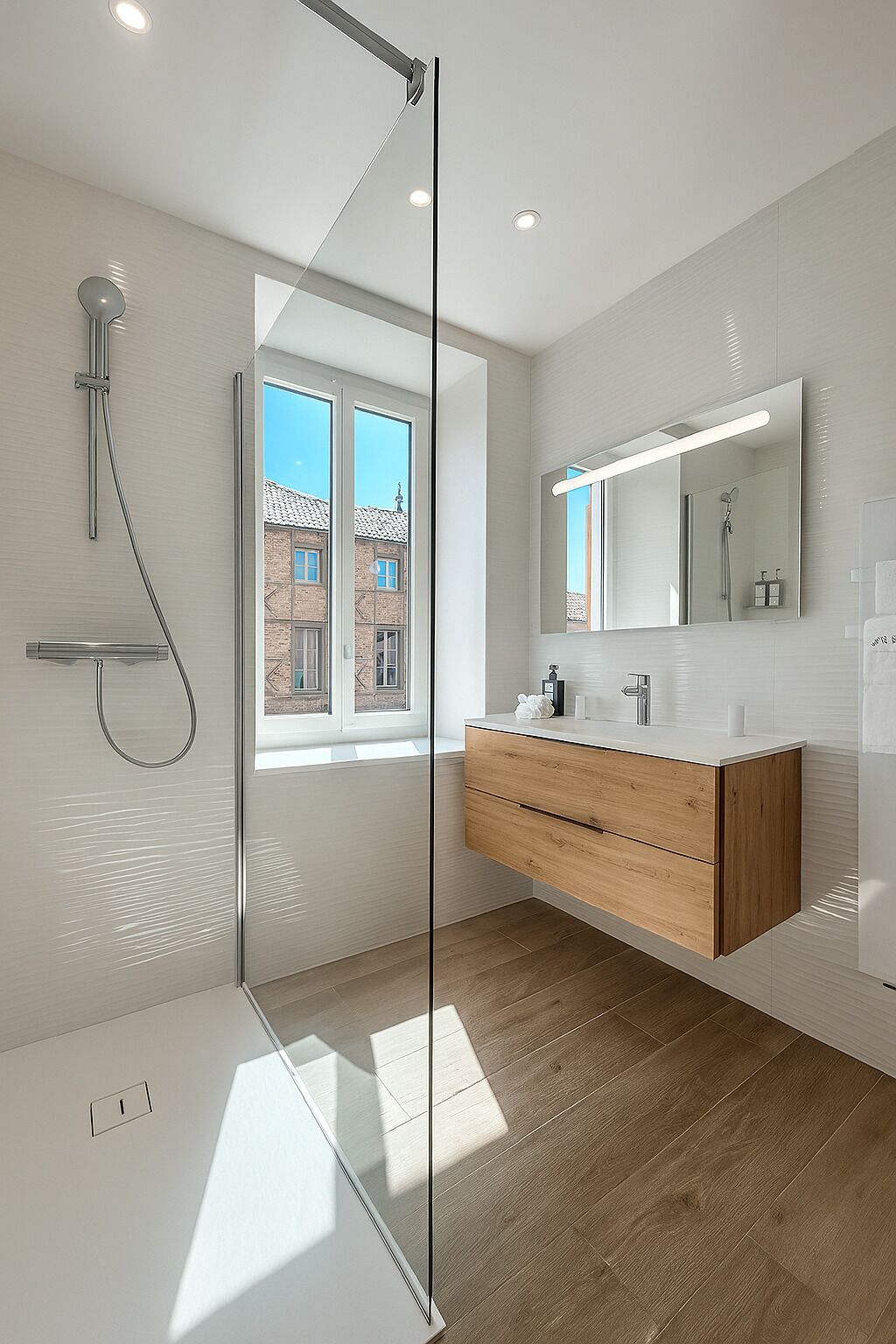 Un baño moderno con ducha envuelta en vidrio, tocador de madera, espejo grande y vista a un edificio de ladrillo a través de una ventana.