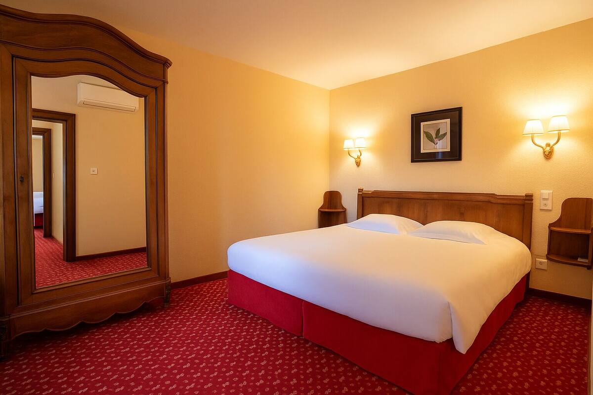 A hotel room with a large bed, a mirror, two wall sconces, and a framed picture on the wall.
