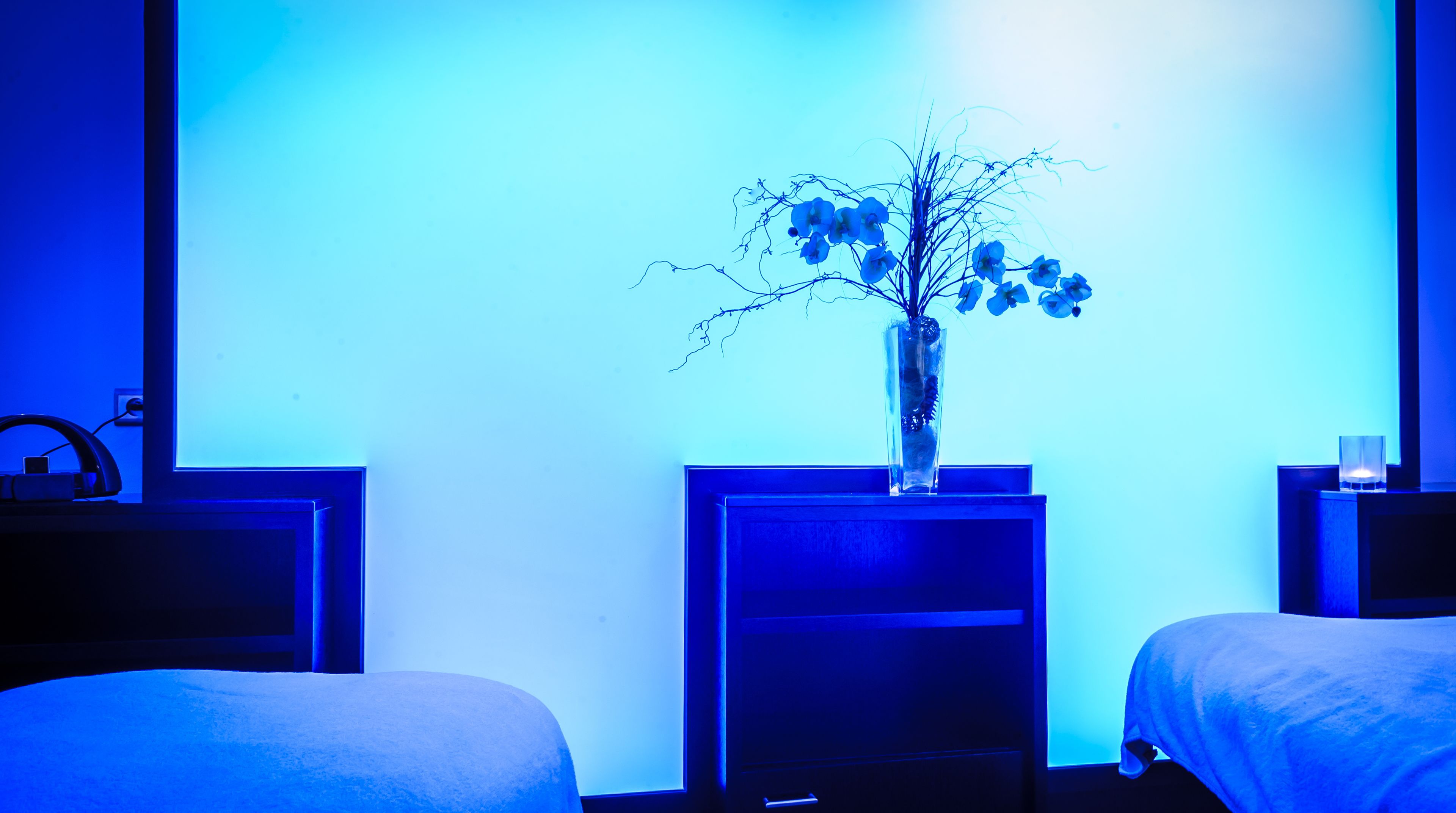A hotel room with two beds, a nightstand with a vase of flowers, and a wall-mounted TV.