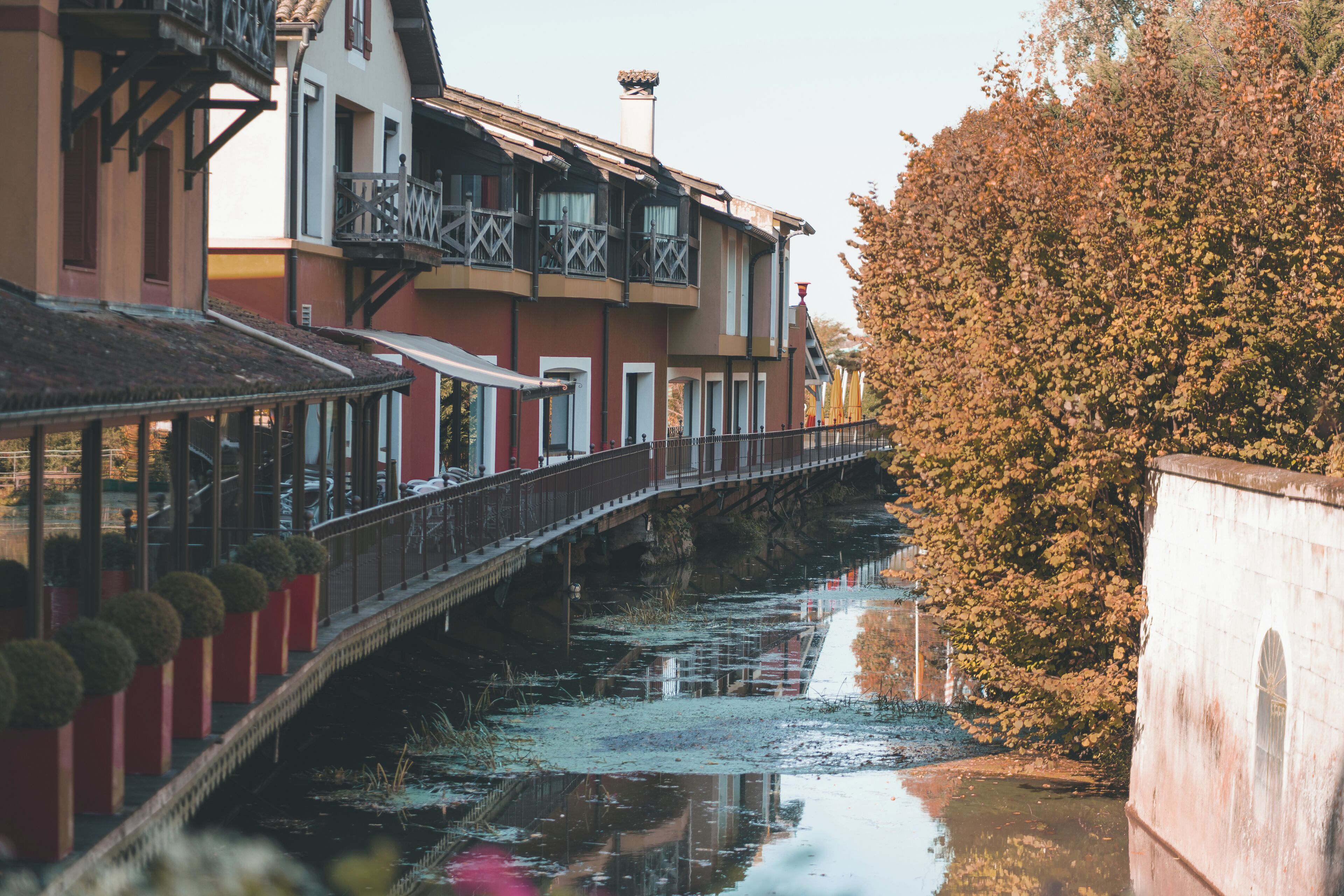 A canal with a bridge, buildings with balconies, and trees reflecting in the water.