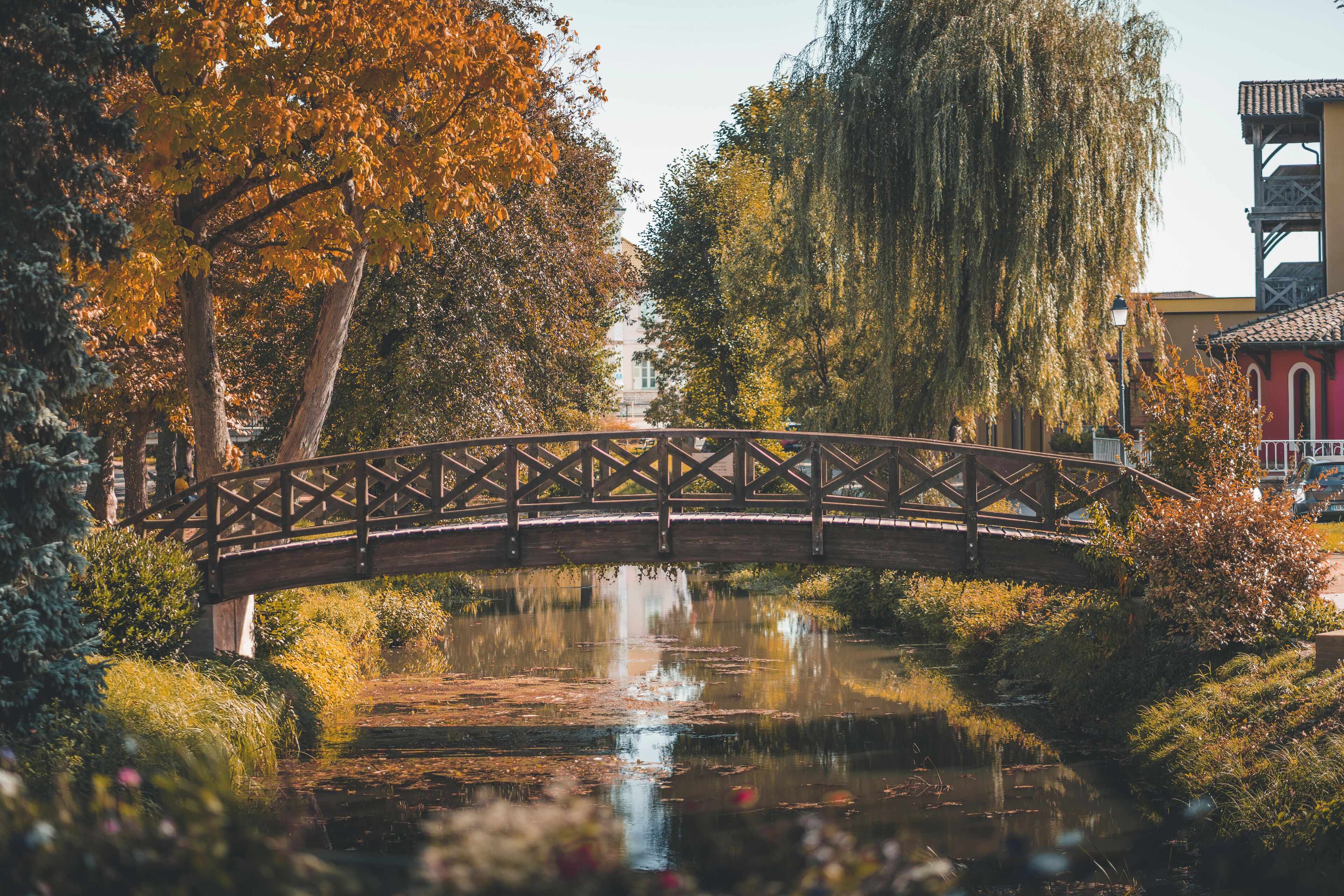A wooden bridge over a calm river, surrounded by trees and greenery.