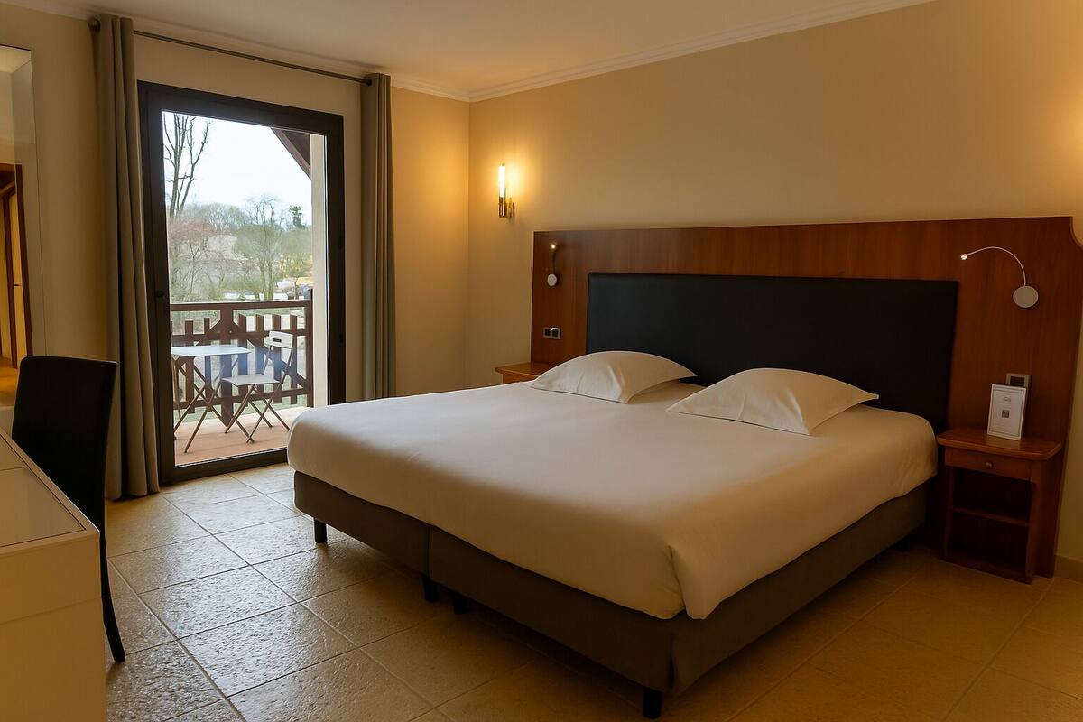 A hotel room with a large bed, a desk, and a balcony with outdoor seating.