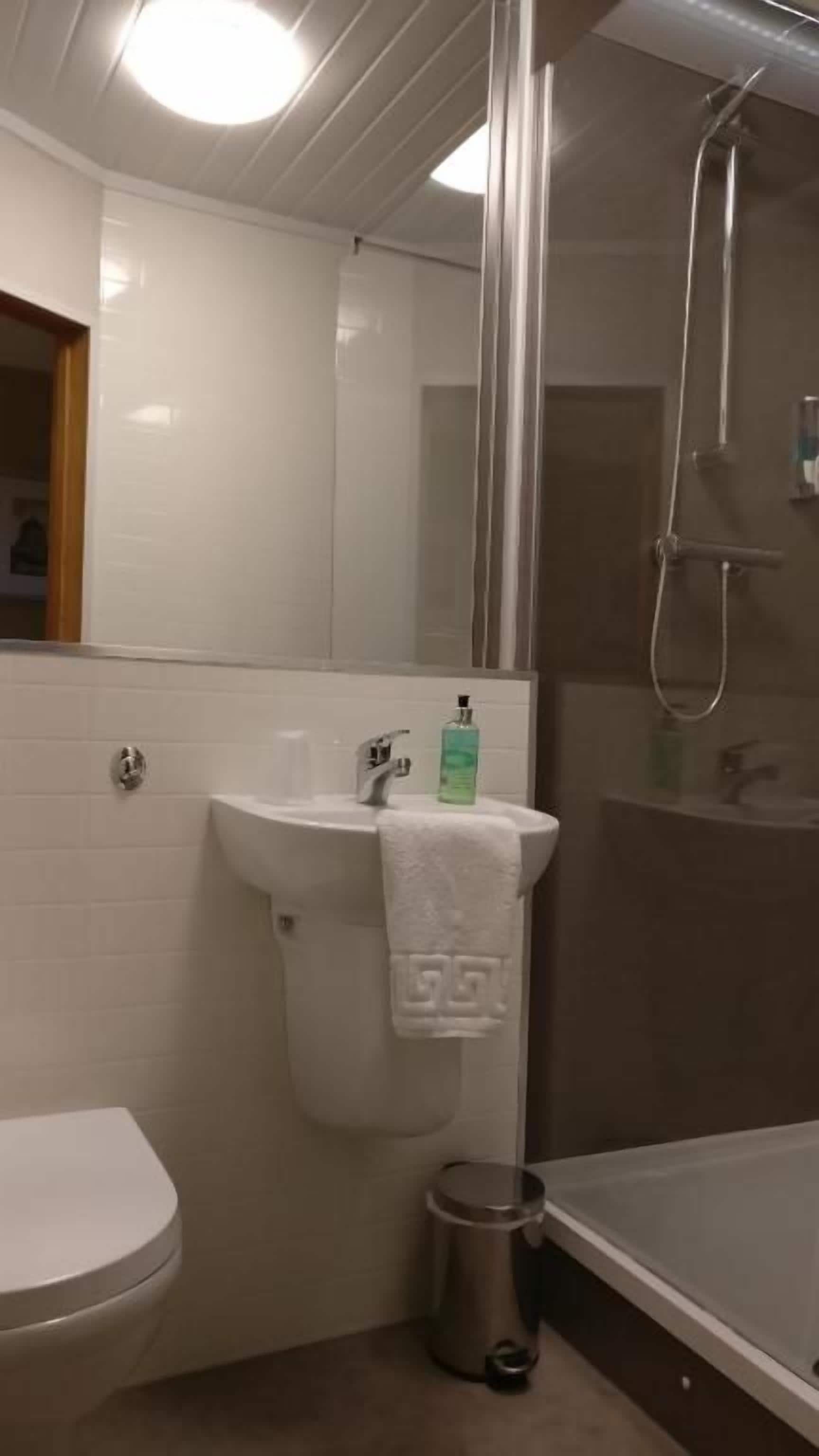 A bathroom with a toilet, sink, and shower area.
