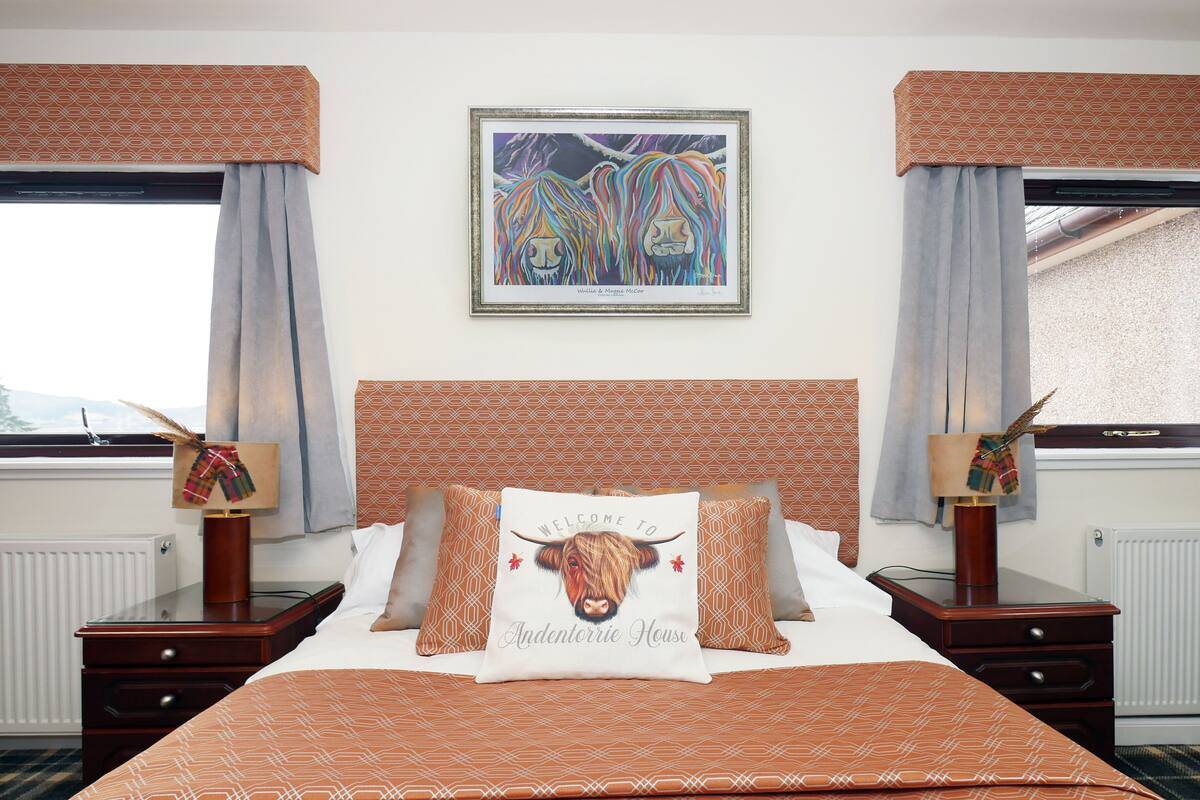 A hotel room with a patterned bedspread, a framed artwork above the bed, and a view of the mountains through the window.