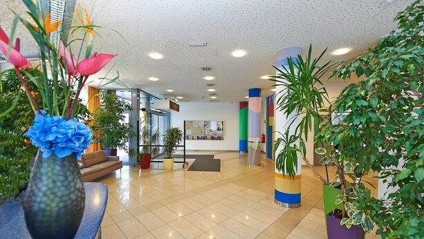A spacious lobby with a tiled floor, a reception desk, and various potted plants. - Hotel Kolpinghaus Wien Zentral (Vienna)