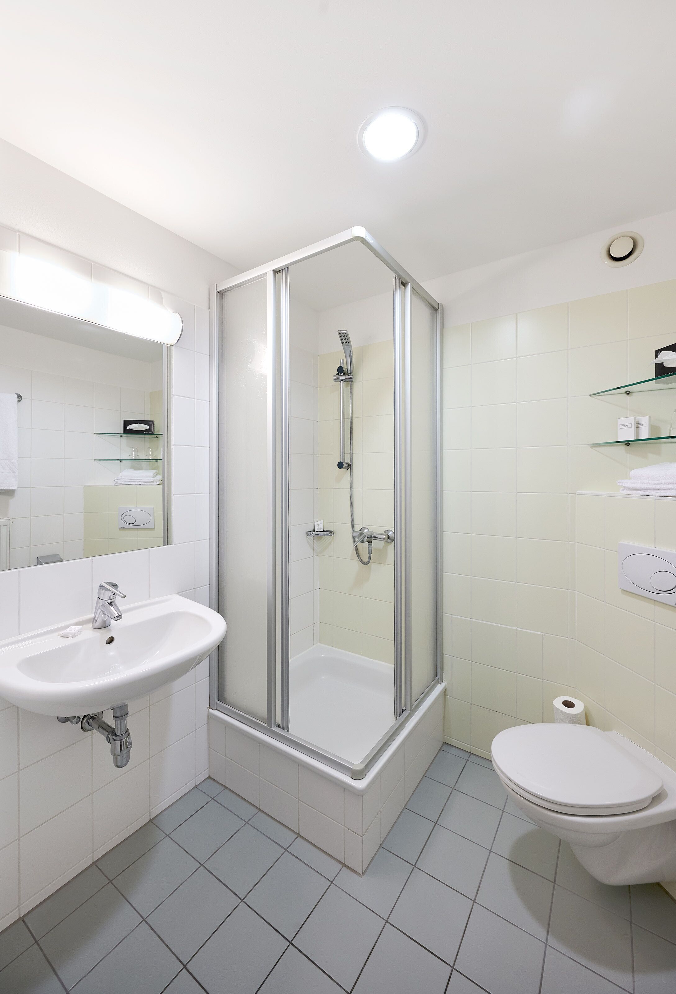 A modern bathroom with a glass-enclosed shower, a white sink, and a toilet.