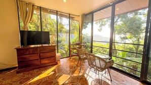 Habitación con televisión sobre un mueble de madera, sillas de mimbre, una mesita y grandes ventanales con vistas a abundante vegetación.