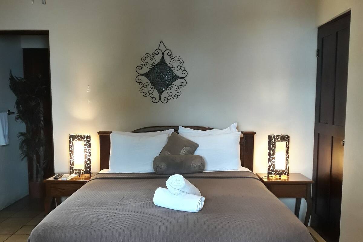 Cama bem arrumada com cabeceira e peseira marrons, duas mesas de cabeceira com luminárias, um objeto decorativo na parede e um vaso de planta no canto.