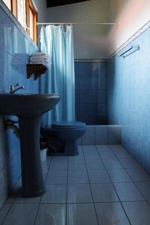 A bathroom with a pedestal sink, toilet, and a shower curtain. - Hospedaje Altamira (Florencia)