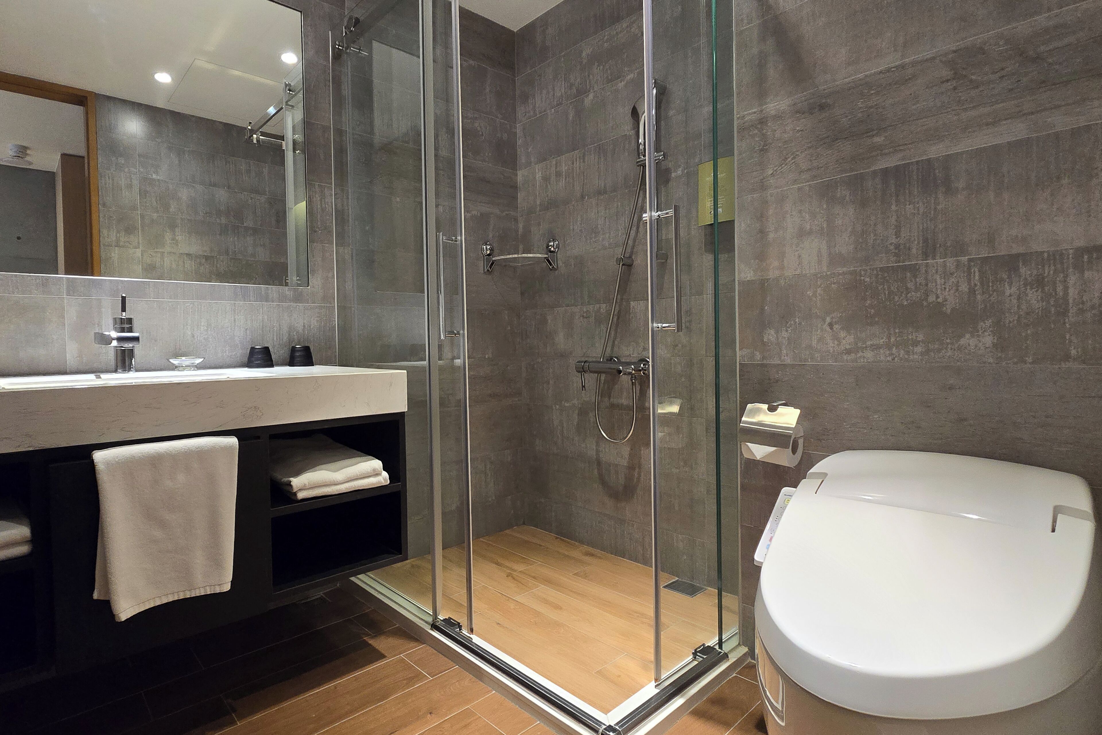Un baño moderno con ducha de vidrio, un lavamanos blanco y un inodoro.