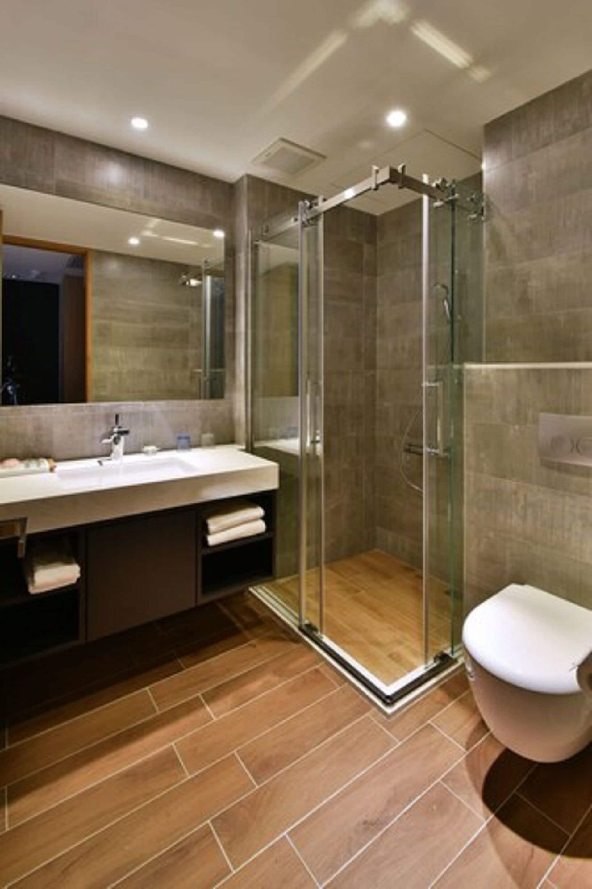 shower, rainfall showerhead, free toiletries, hair dryer