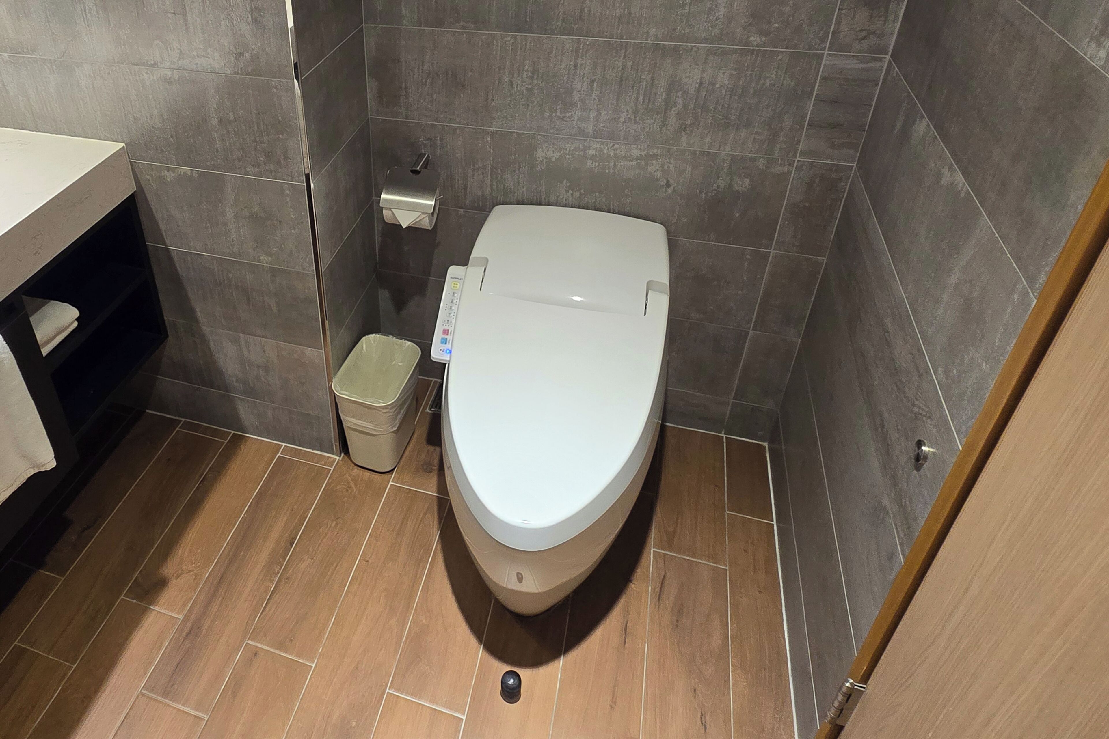 Baño con inodoro, un bote de basura, dispensador de pañuelos y una repisa con toalla.