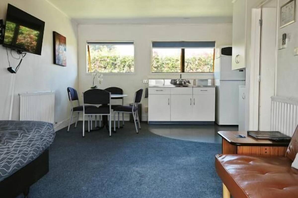 A compact living space with a kitchenette, a dining area, and a seating area.