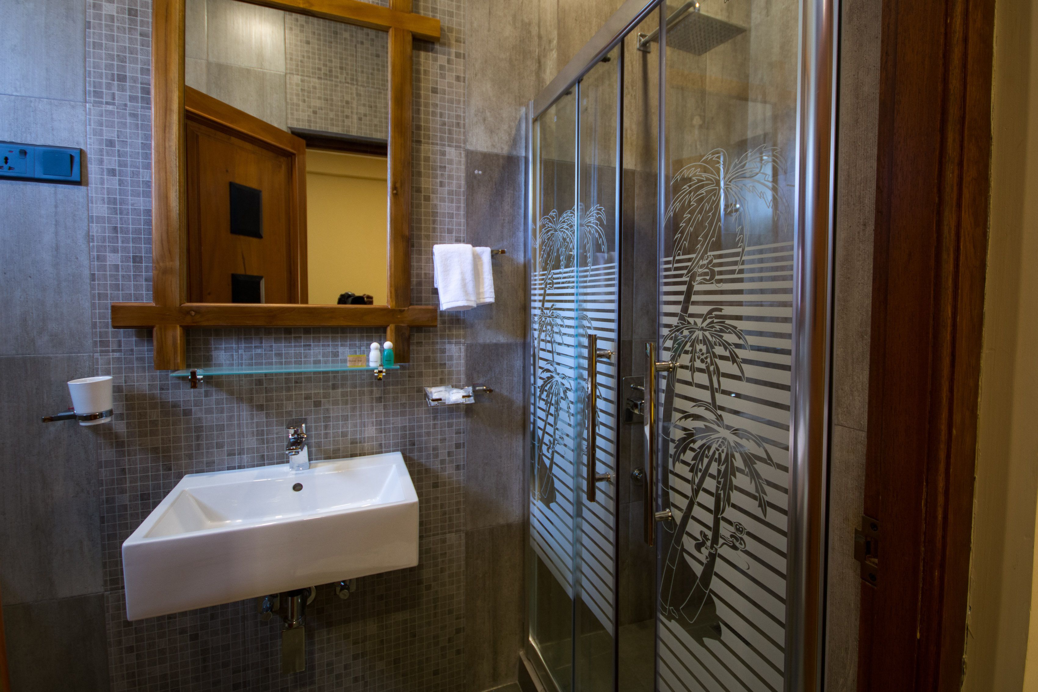 A bathroom with a glass shower door, a white sink, and a mirror above it.