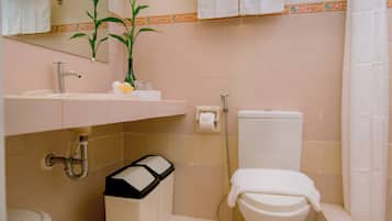 A bathroom with a toilet, sink, and shower.