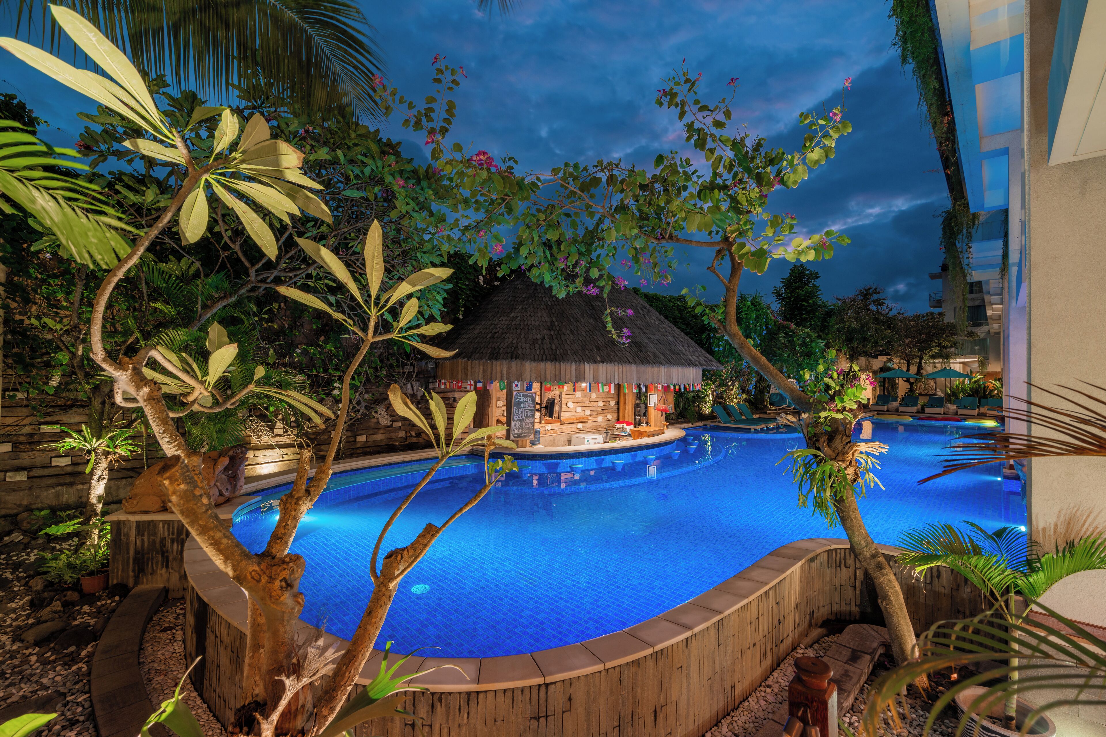 Outdoor pool, pool umbrellas, pool loungers