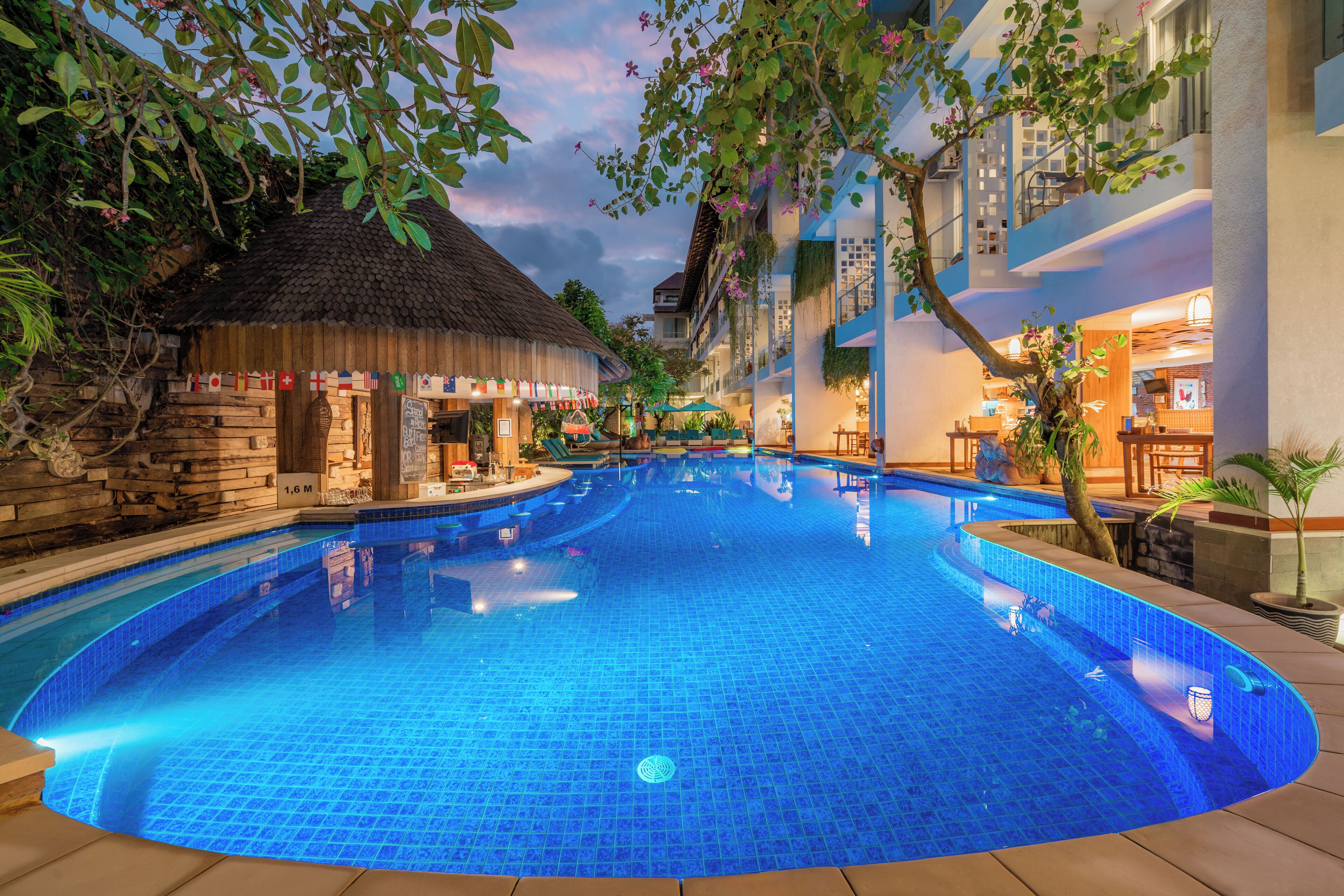 outdoor pool, pool umbrellas, pool loungers