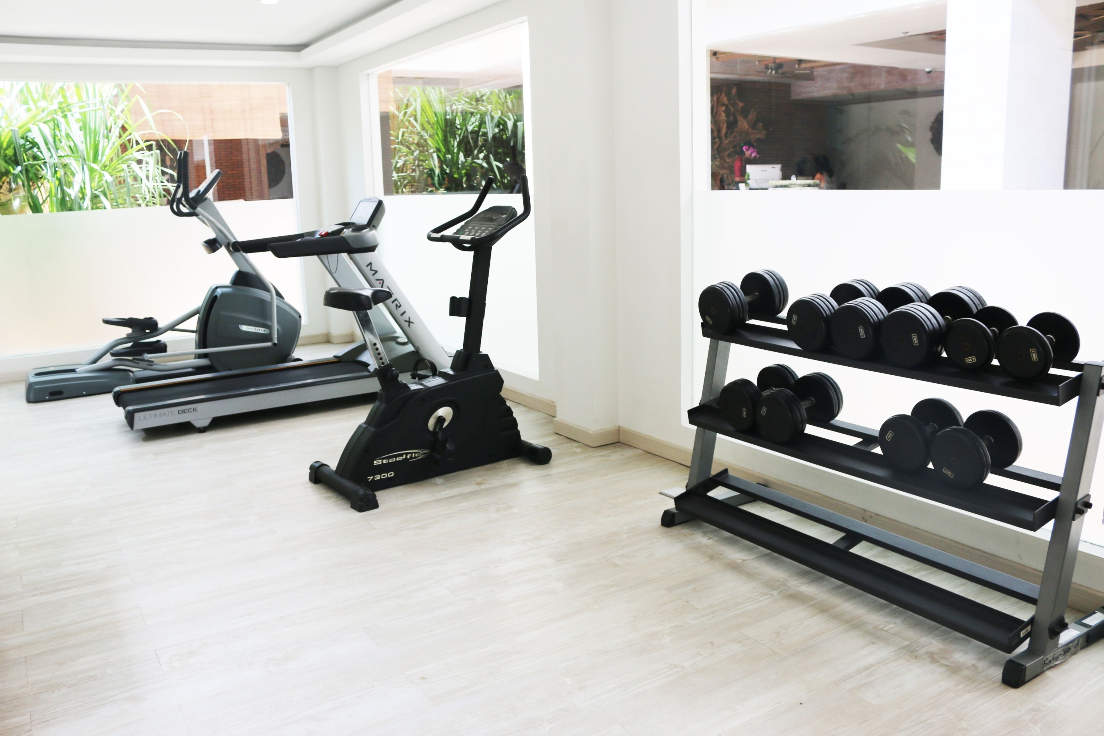 A home gym with a treadmill, elliptical, and dumbbells.